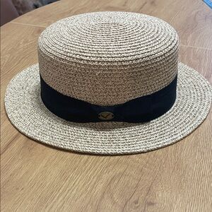 Woven Straw Sun Hat with Black Band - Neutral Beige